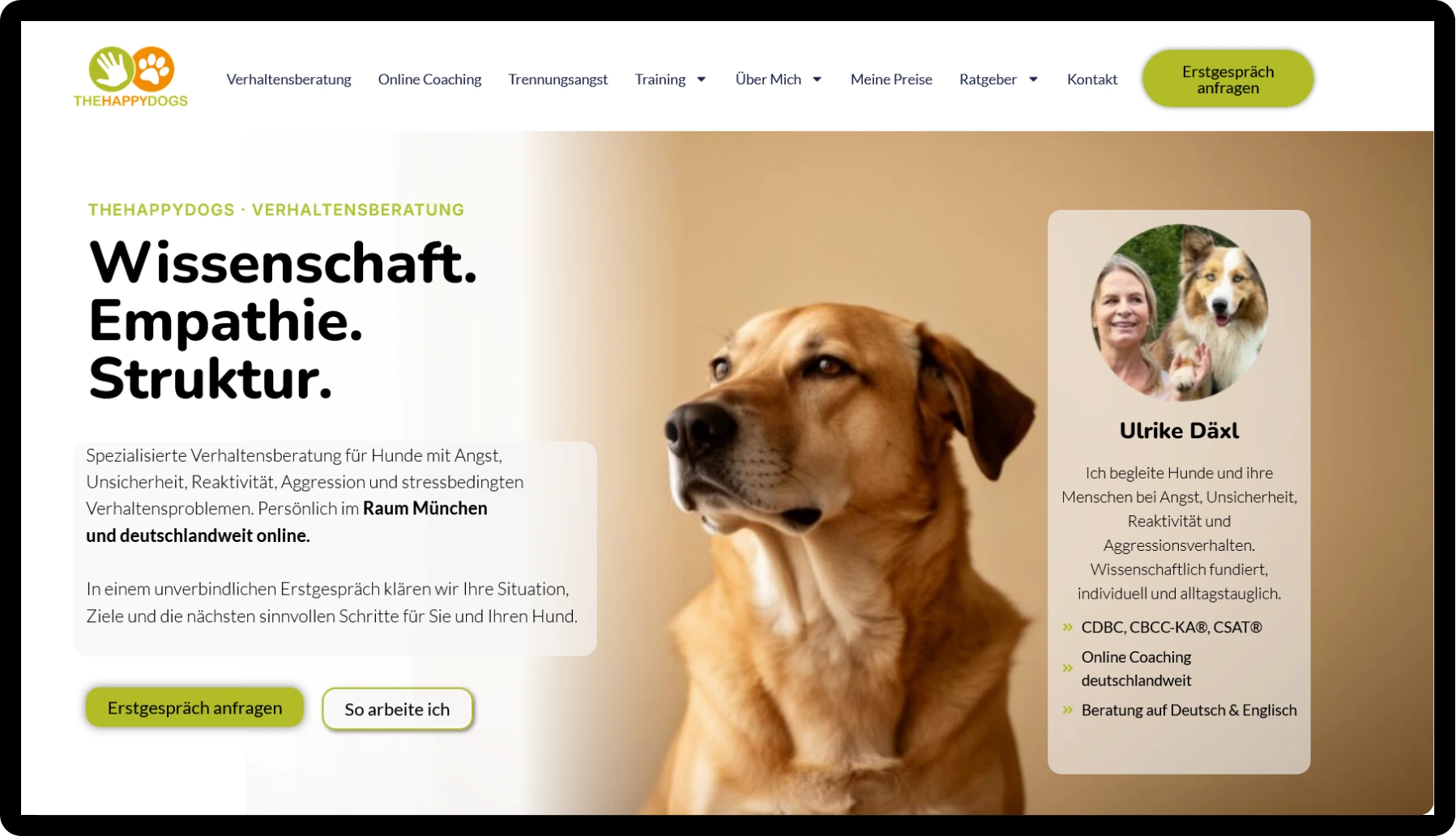 Neue Website der Hundeverhaltensberatung TheHappyDogs auf einem Bildschirm